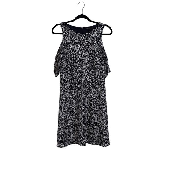 Banana Republic Navy Blue Printed Cold Shoulder Shift Midi Dress Size 4 - Picture 1 of 9